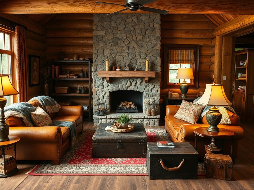a rustic fireplace in a log cabin living room
