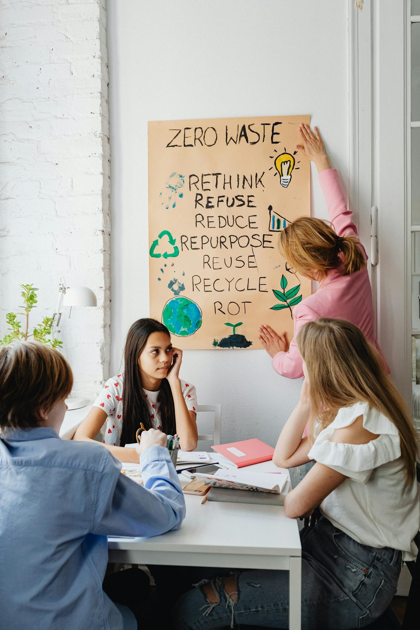 A group of teenagers discussing a zero waste project with a poster inside a classroom setting.